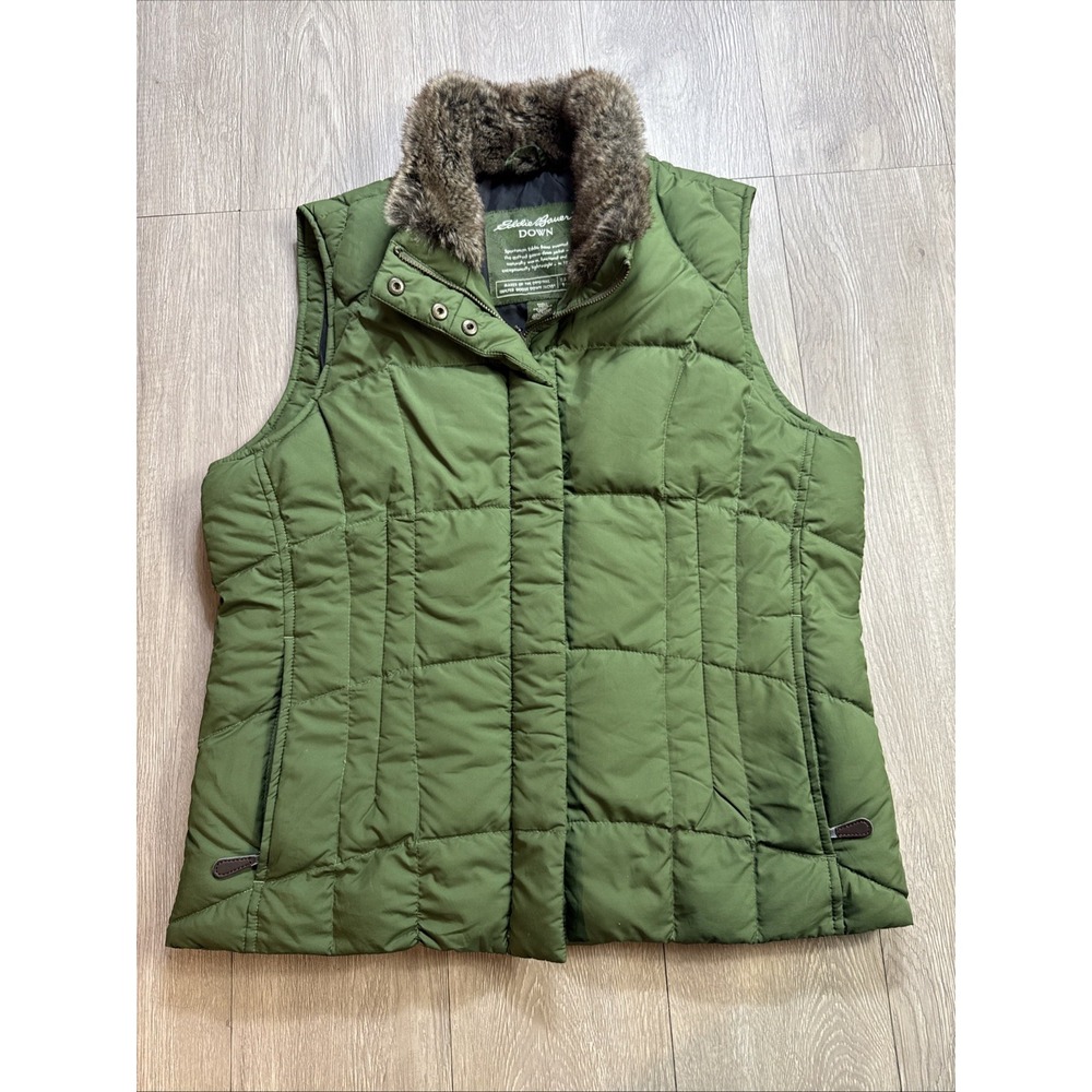 EDDIE BAUER Goose Down Vest Women's Medium‎ M Green Faux Fur Shearling Collar